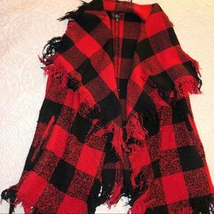Red and Black Buffalo Plaid Fringe Vest